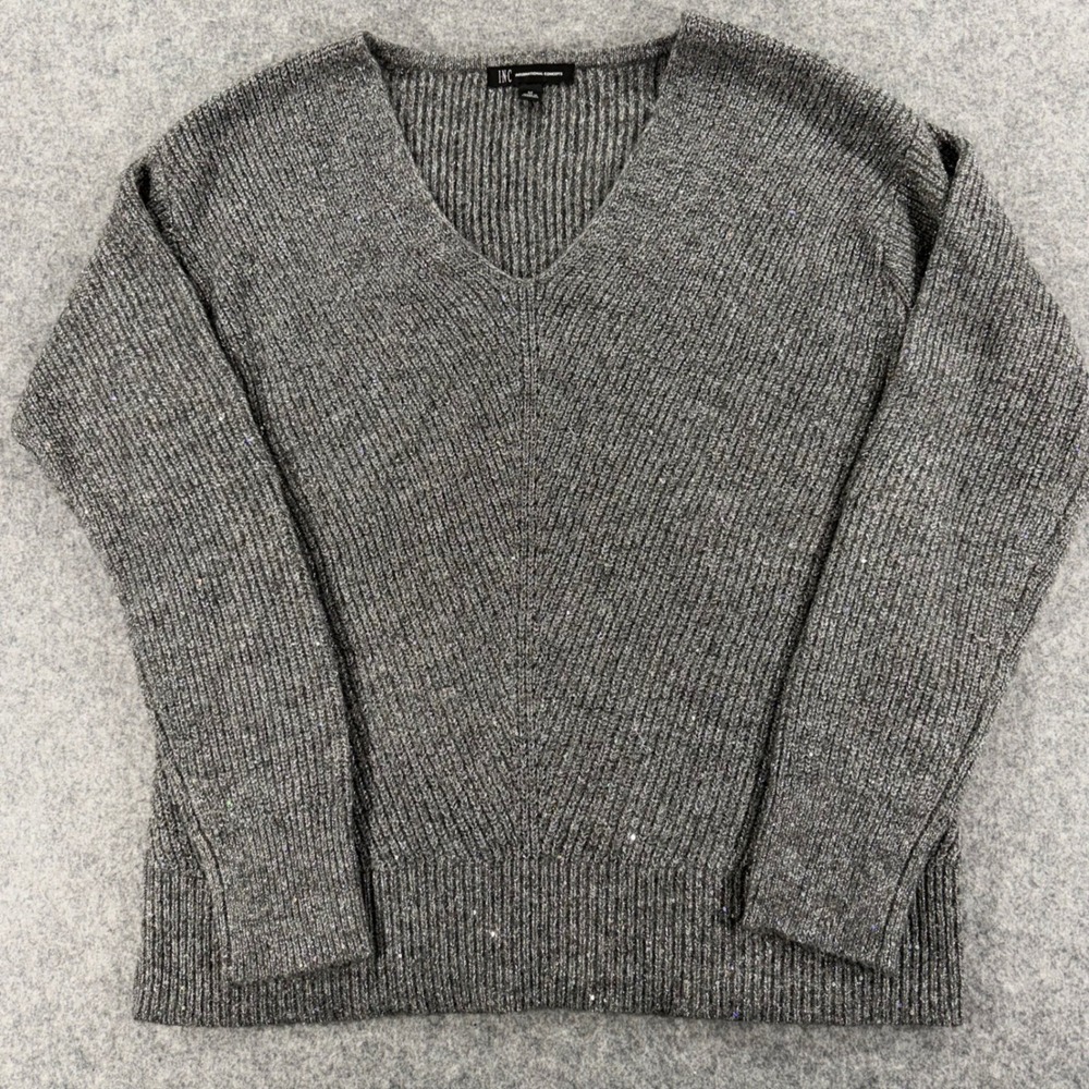 INC International Concepts Gray Sequin Ribbed V-Neck Sweater Womens Medium